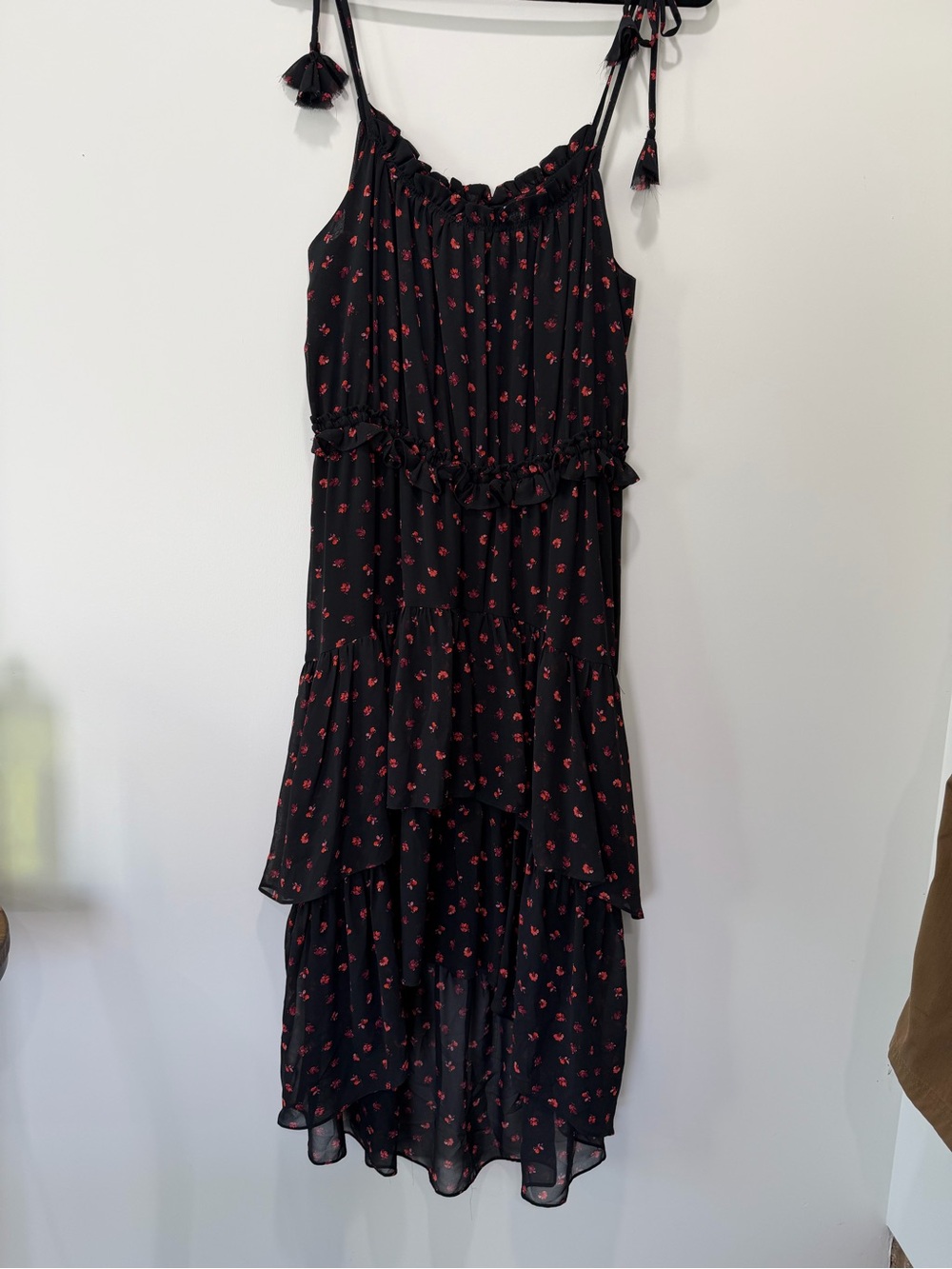 EVIE Black High-Low Tiered Spaghetti-Strap Dress with Red Floral Print